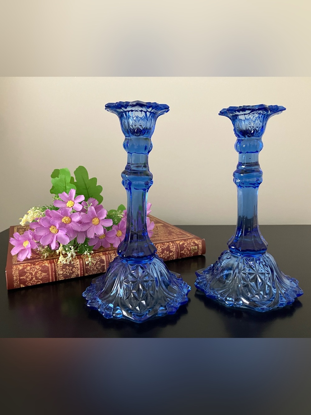 Vintage 1960s Pair Blue Pressed Glass Candlesticks